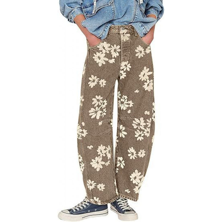 Women Y2k Distressed Barrel Jeans Baggy Wide Leg Jeans Floral Printed Boyfriend Patchwork Denim Pants