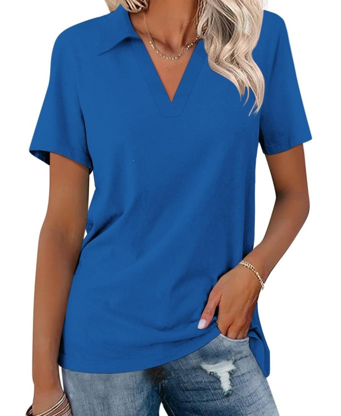 White Notch V-Neck Short Sleeve Polo T-Shirt