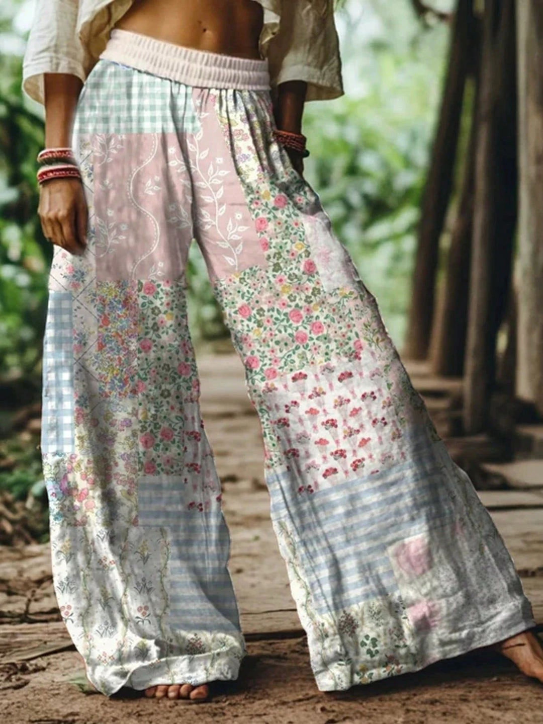 Watercolor Floral Elastic High Waist Wide Leg Palazzo Pants