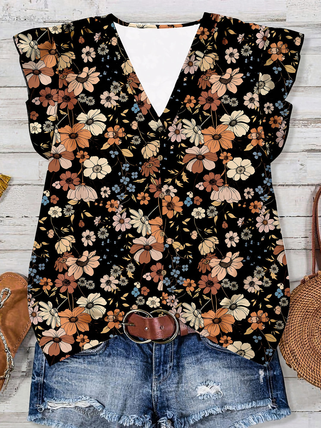 Watercolor Floral Print V-Neck Ruffle Sleeve Blouse