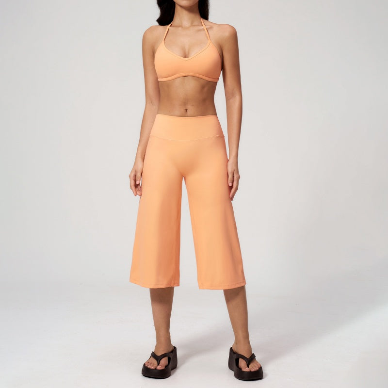 Halter V-Neck Crop Top High-Waist Culotte Pants Two-Piece Set