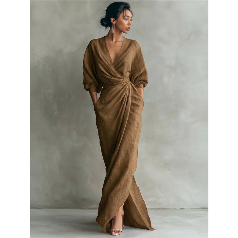 Pink Linen Wrap Maxi Dress