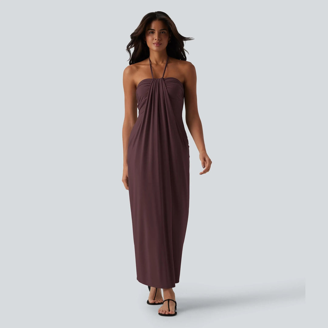 Draped Halter Neck Soft Jersey Midi Slip Dress in Pale Sky Blue