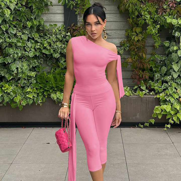 One-Shoulder Tie-Detail Two-Piece Set | Bodycon Crop Top &amp;amp; Capri Leggings Outfit