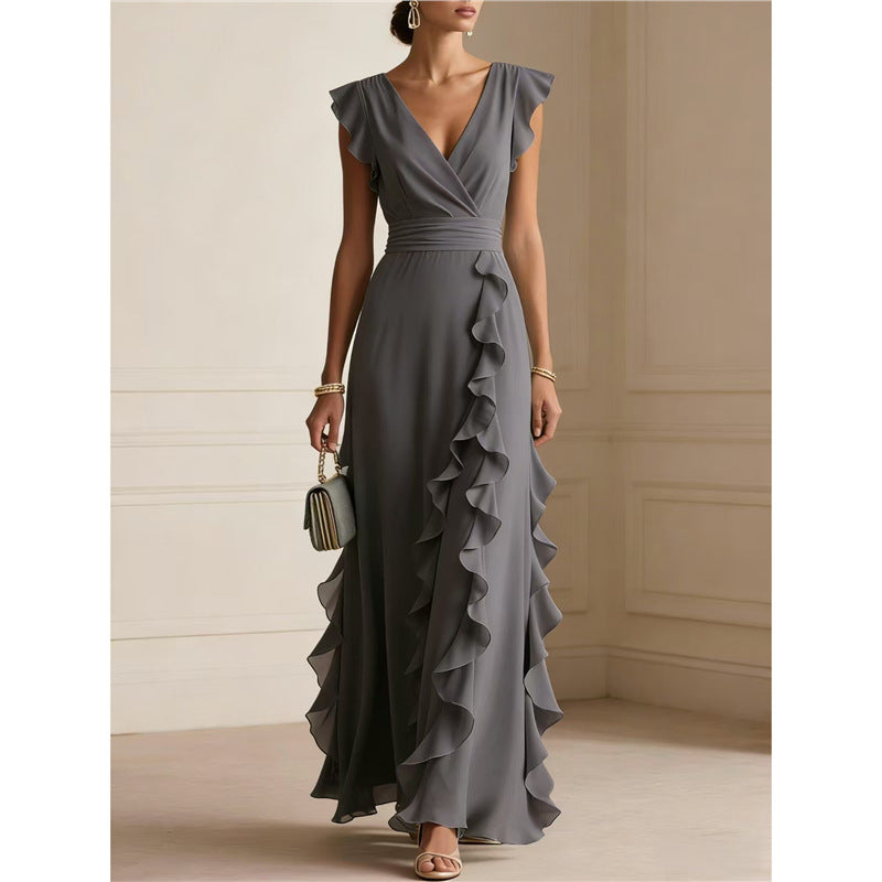 Ruffle Trim V-Neck Evening Maxi Dress