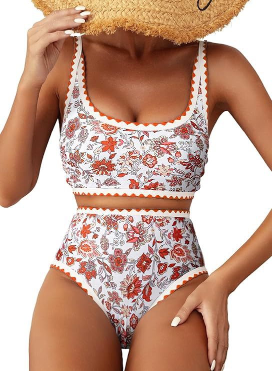 Women Bikini Sets Floral Print Whip Stitch 2 Piece Swimsuits High Waisted Scoop Bathing Suits