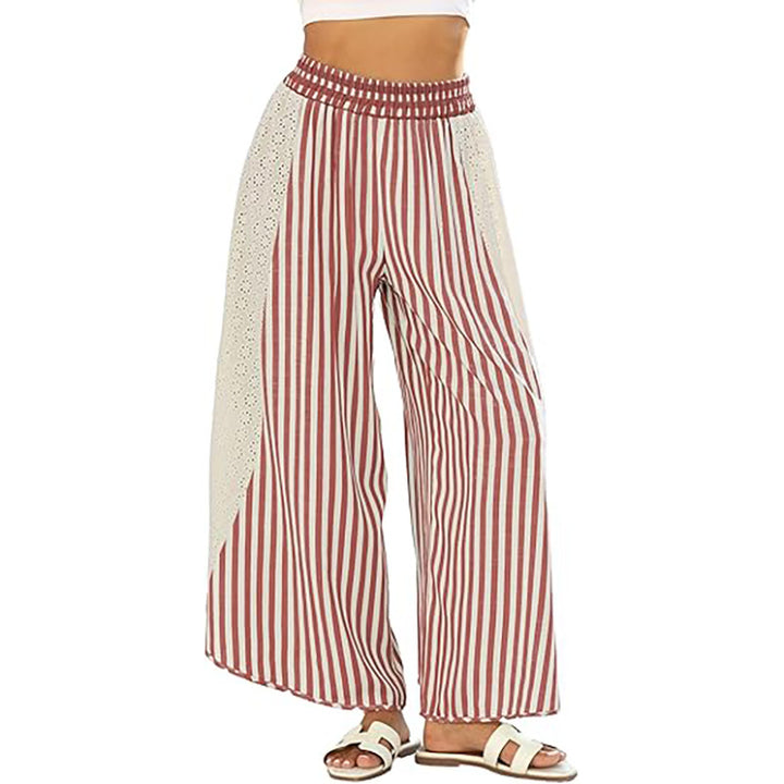 Striped Wide Leg Pants with Crochet Lace Side Panels