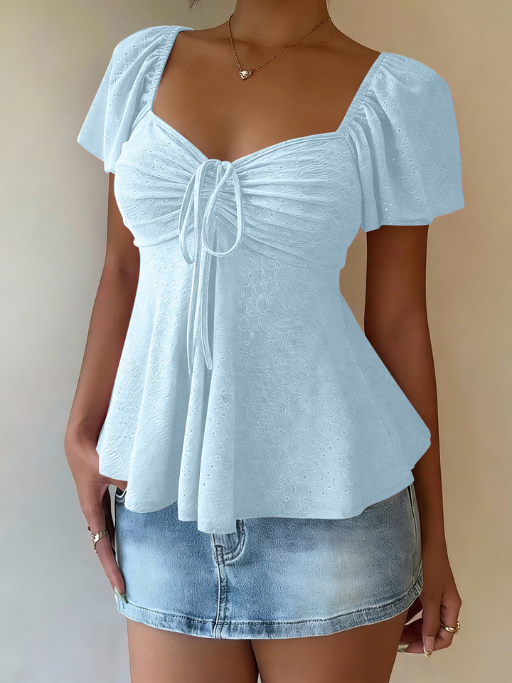 White Eyelet Square Neck Peplum Blouse with Tie Detail