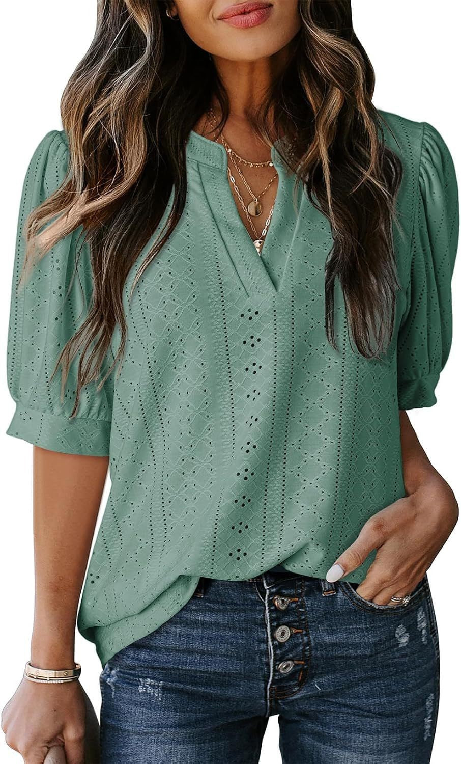Eyelet Puff Sleeve Split Neck Blouse