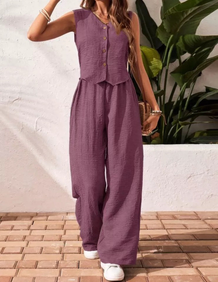 V-Neck Vest &amp; Wide-Leg Pants Two-Piece Set, Casual Loungewear Set for Women