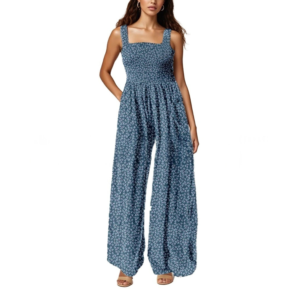 Floral Print Square Neck Smocked Wide-Leg Jumpsuit, Sleeveless Summer Jumpsuit