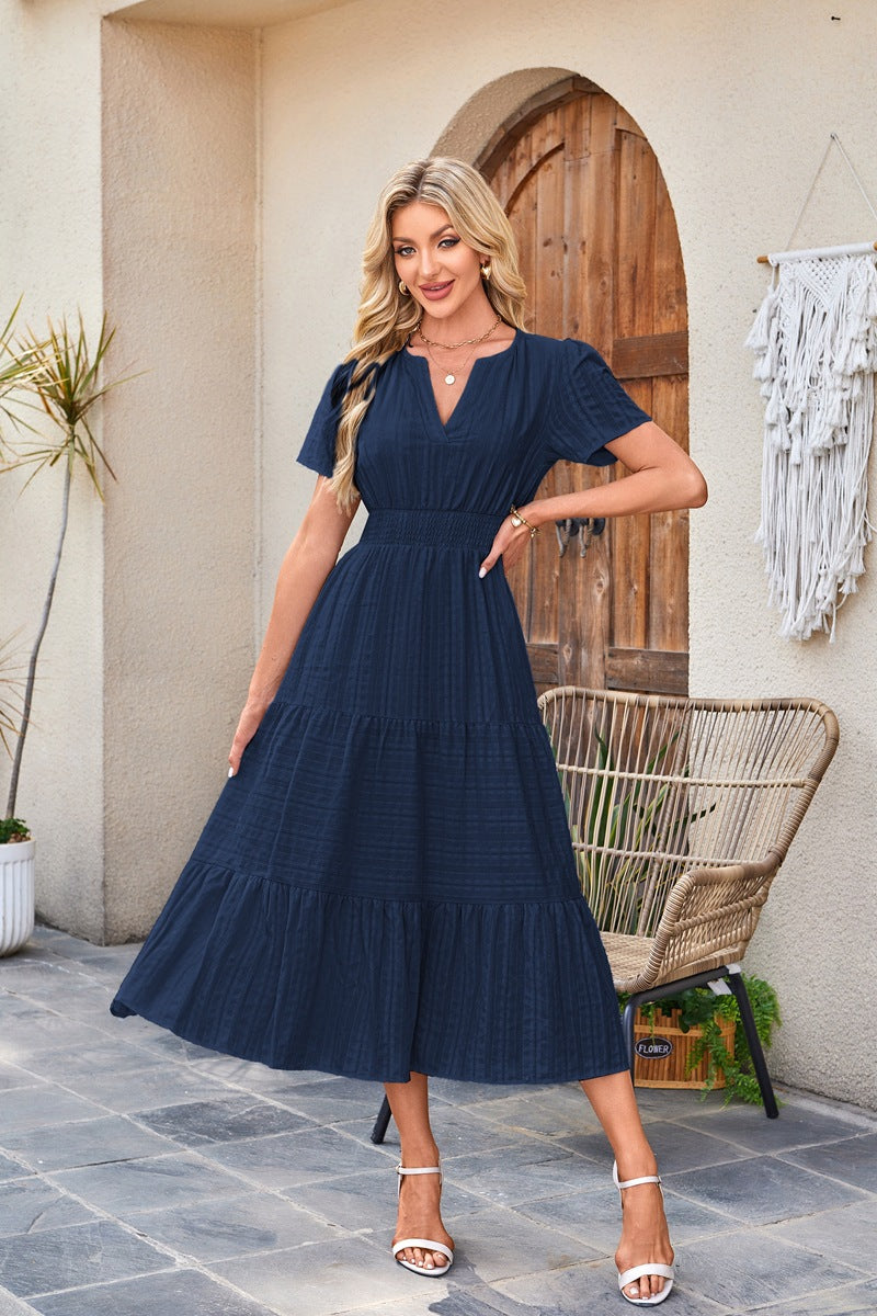 Navy Blue Tiered Smocked Waist Midi Dress