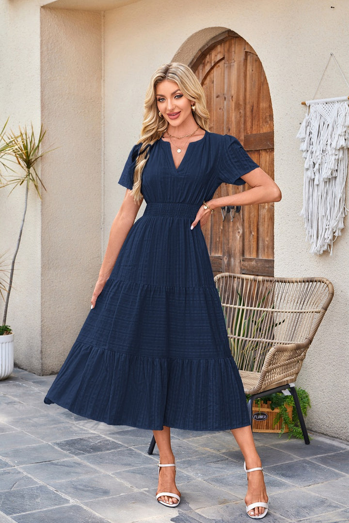 Navy Blue Tiered Smocked Waist Midi Dress
