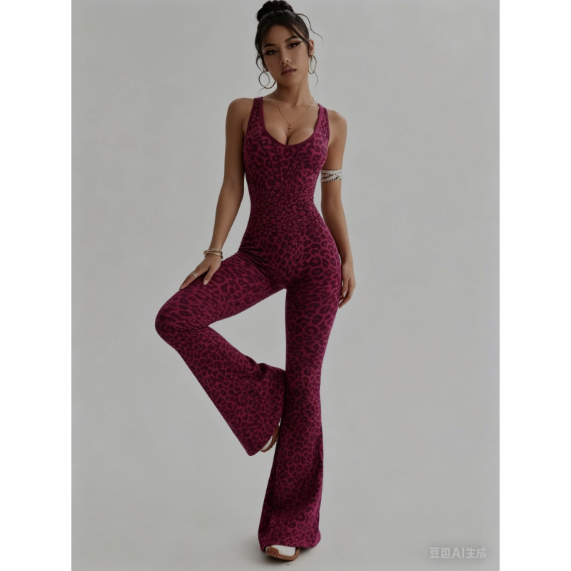 Leopard Print Seamless Flare Jumpsuit