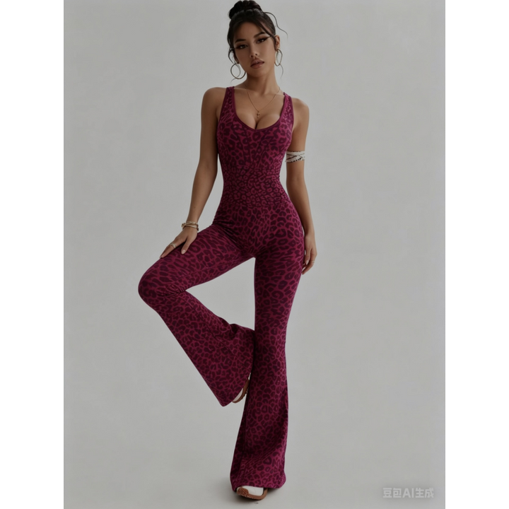 Leopard Print Seamless Flare Jumpsuit