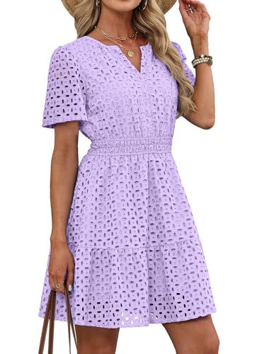 Eyelet Embroidery Short Sleeve Mini Dress, Smocked Waist Casual Summer Dress