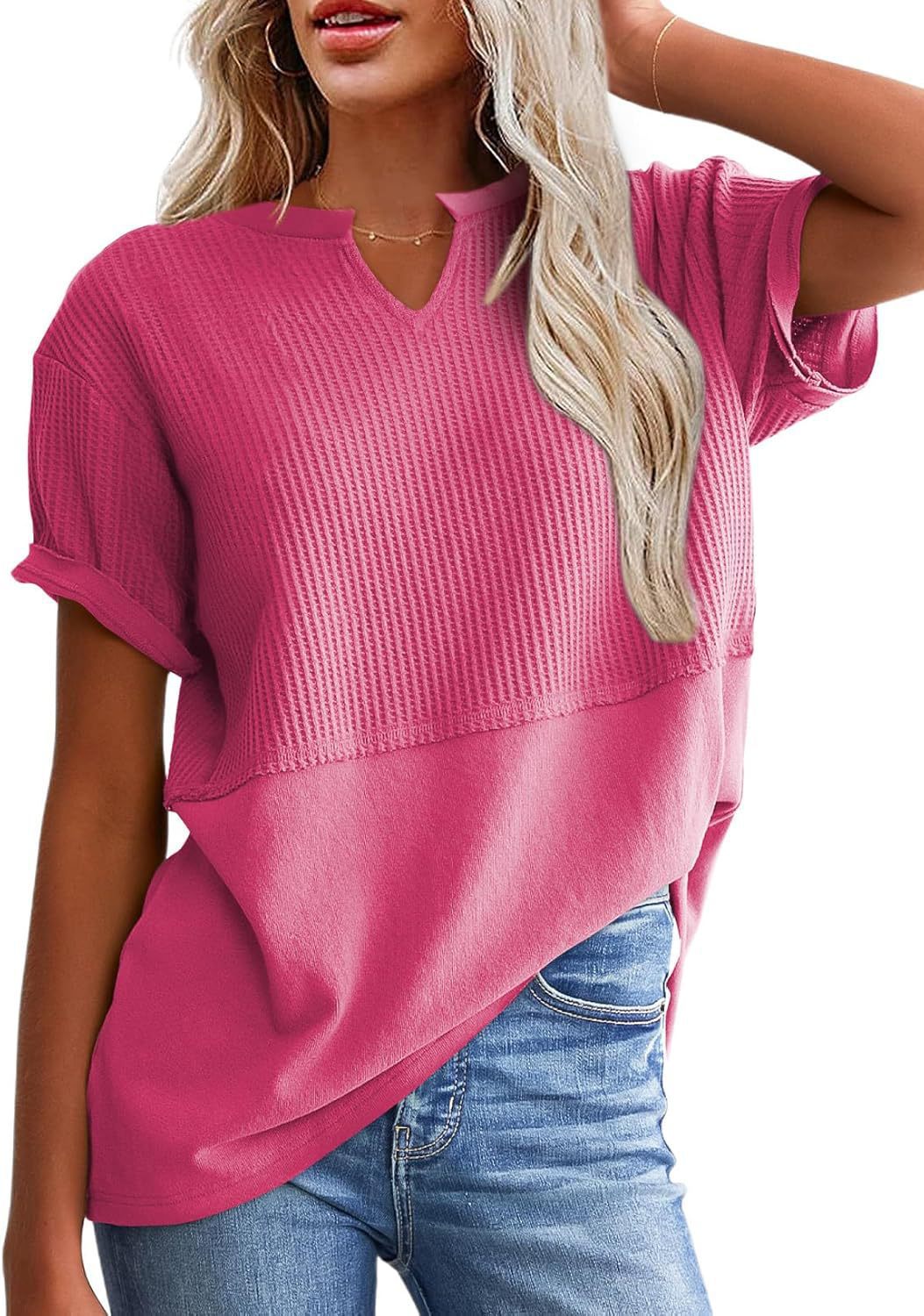 Waffle Knit Split-Neck Short Sleeve Top, Soft Textured Casual Tee