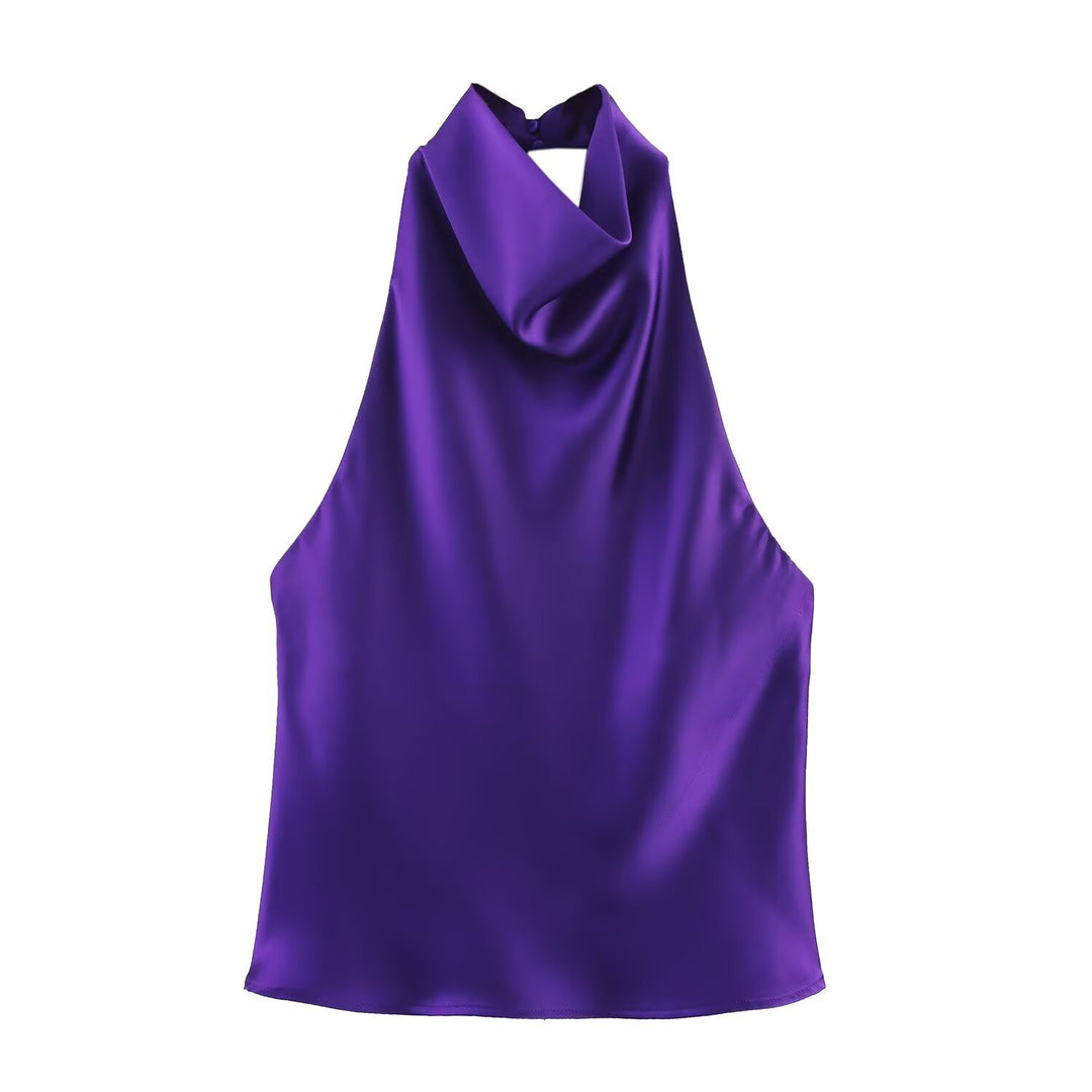Chocolate Brown Cowl Neck Satin Halter Top, Elegant Sleeveless Blouse for Women