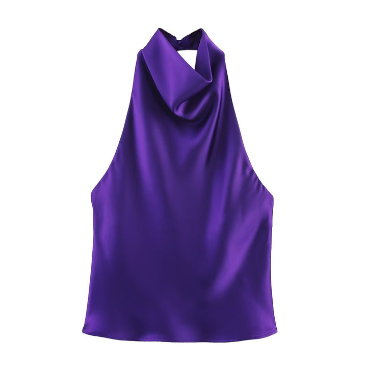 Chocolate Brown Cowl Neck Satin Halter Top, Elegant Sleeveless Blouse for Women