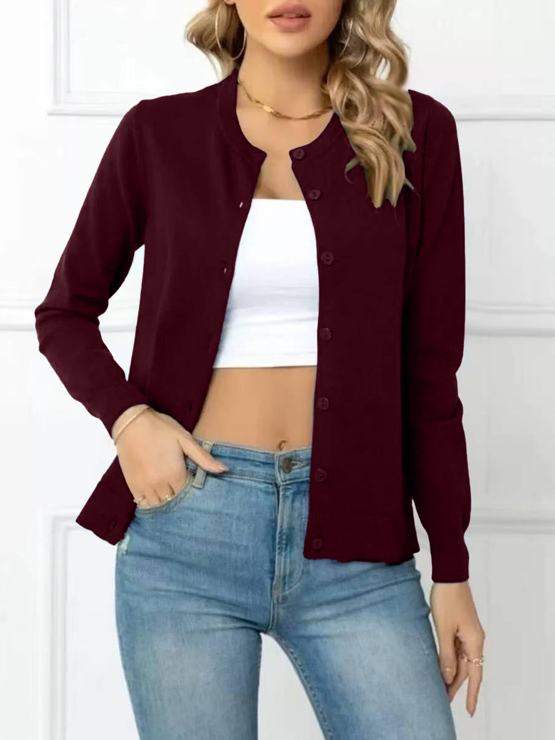 Navy Blue Crew Neck Button-Down Knit Cardigan