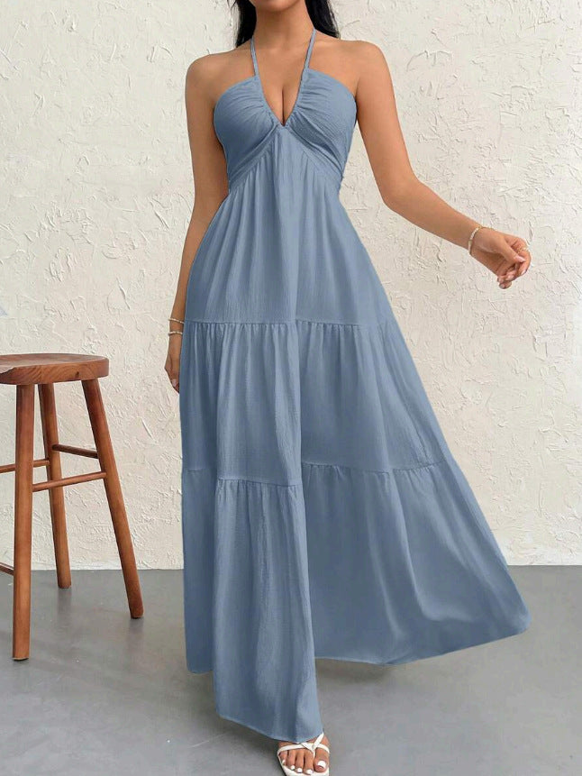Halter Deep V Open Back Tiered Maxi Dress