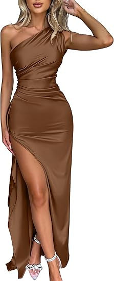 Champagne One-Shoulder Satin Maxi Dress | Ruched High Slit Elegant Evening Gown