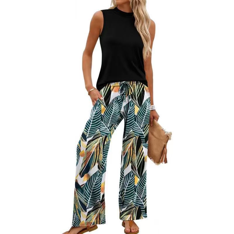 Sleeveless High-Neck Top Printed Wide-Leg Pants Set