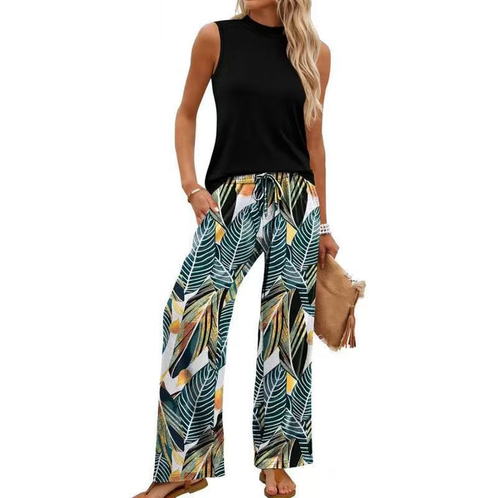 Sleeveless High-Neck Top Printed Wide-Leg Pants Set