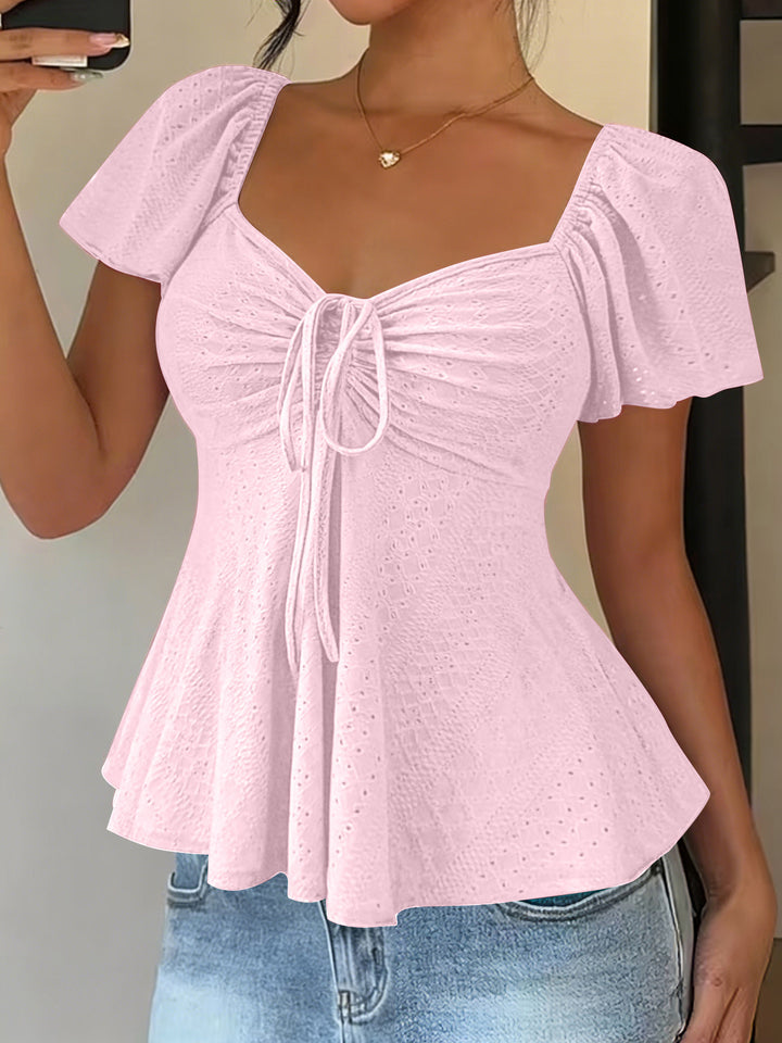White Eyelet Square Neck Peplum Blouse with Tie Detail