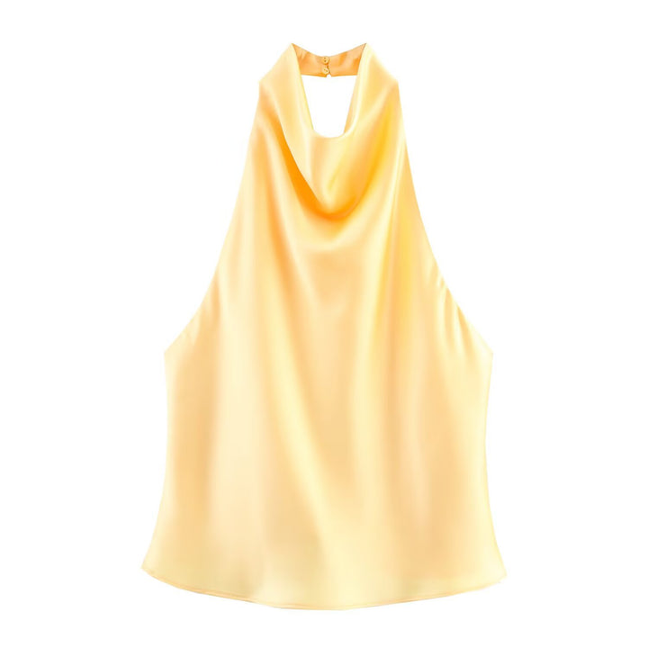 Chocolate Brown Cowl Neck Satin Halter Top, Elegant Sleeveless Blouse for Women