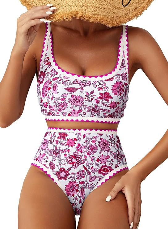 Women Bikini Sets Floral Print Whip Stitch 2 Piece Swimsuits High Waisted Scoop Bathing Suits