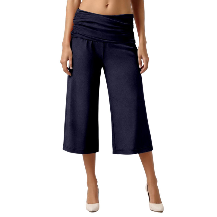 Fold-Over Waist Capri Pants, Soft Stretch Casual Cropped Trousers