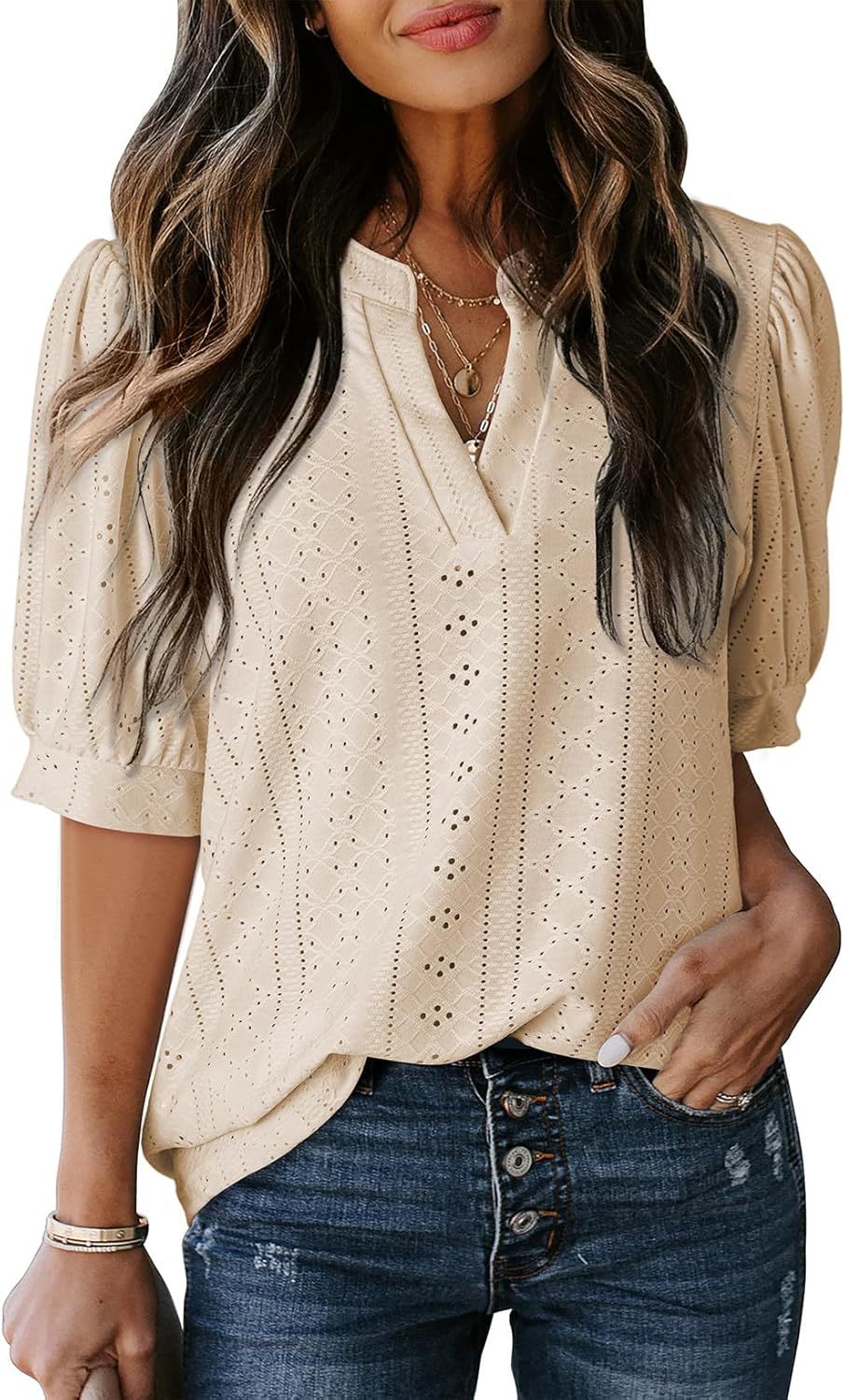 Eyelet Puff Sleeve Split Neck Blouse