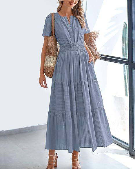 Navy Blue Tiered Smocked Waist Midi Dress