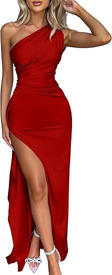 Champagne One-Shoulder Satin Maxi Dress | Ruched High Slit Elegant Evening Gown