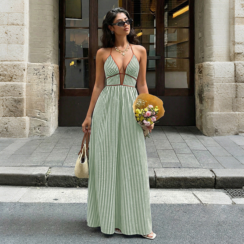 Women Striped Halter Maxi Dress Backless Smocked Beach Vacation Boho Dress