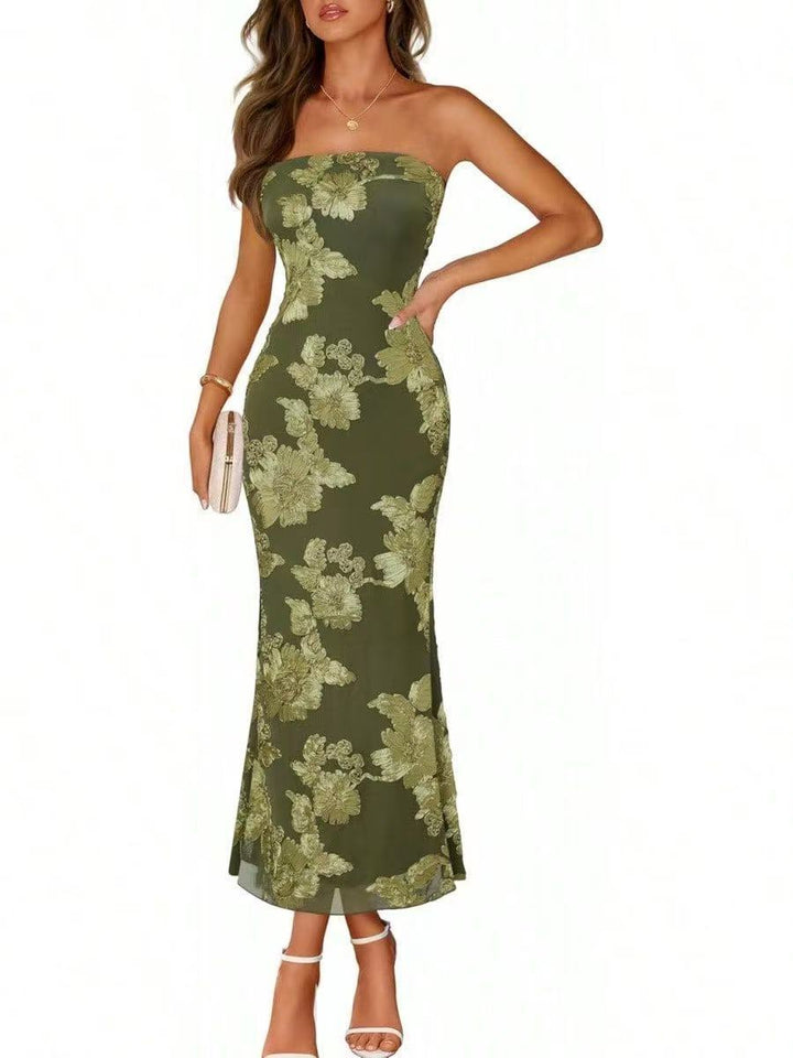 Light Blue Floral Strapless Midi Dress