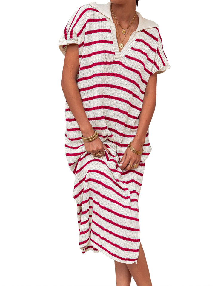 Black &amp;amp; White Striped Knit Polo Midi Dress