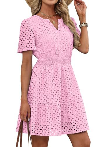 Eyelet Embroidery Short Sleeve Mini Dress, Smocked Waist Casual Summer Dress