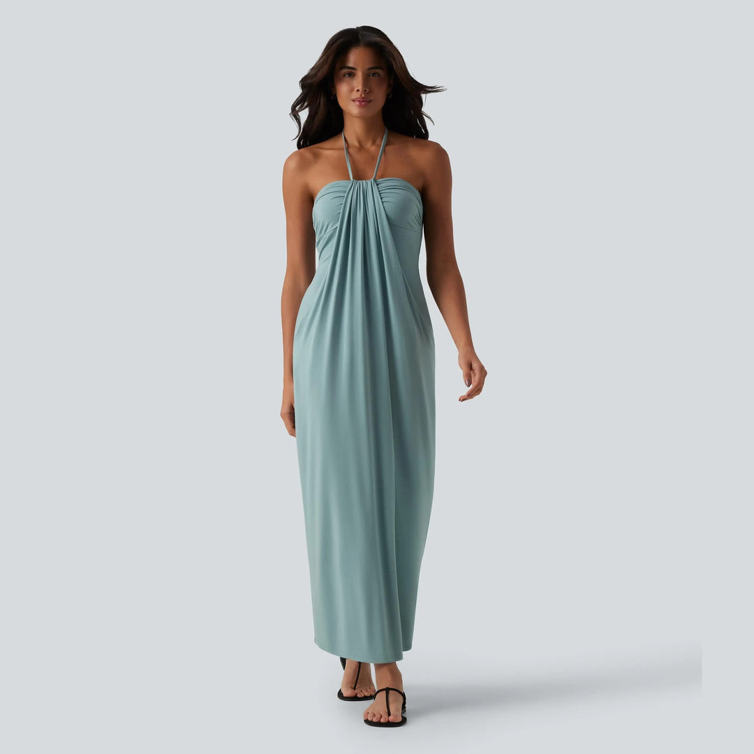 Draped Halter Neck Soft Jersey Midi Slip Dress in Pale Sky Blue