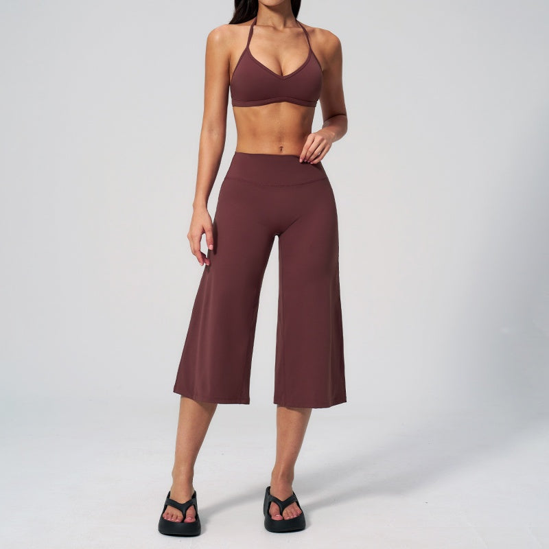 Halter V-Neck Crop Top High-Waist Culotte Pants Two-Piece Set