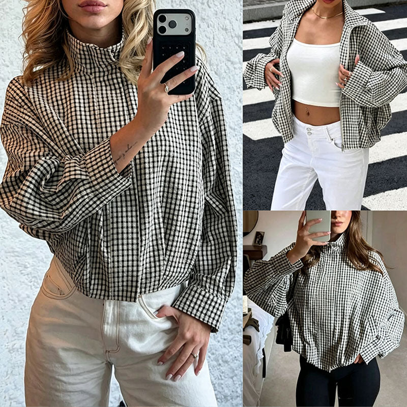 Cropped plaid jacket with a stand collar