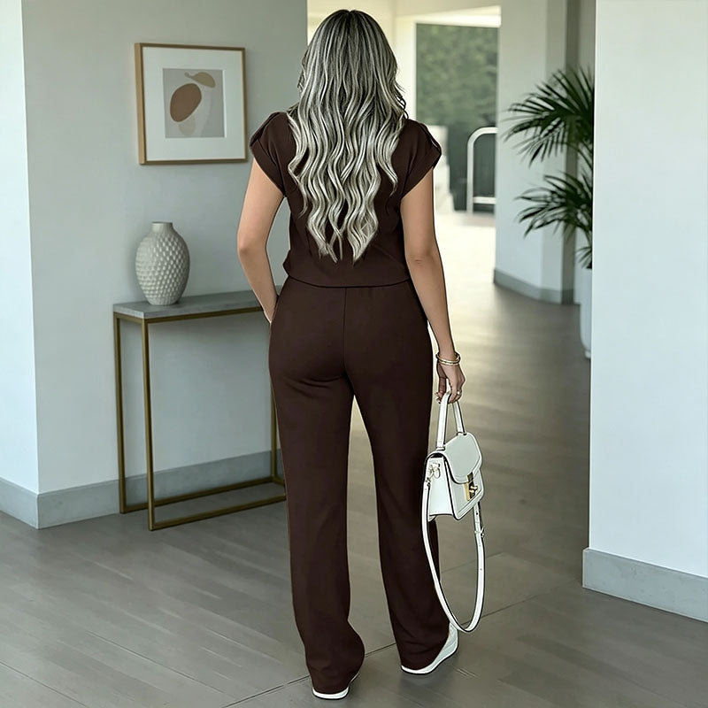 Solid color short-sleeved straight-leg pants suit