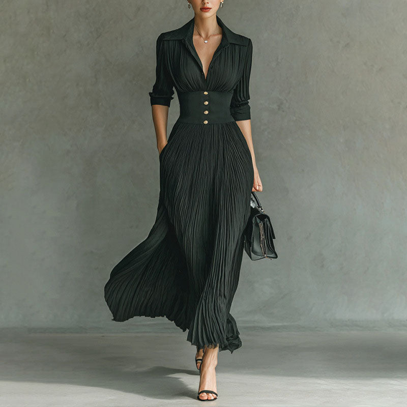 A-line pleated long-sleeve dress