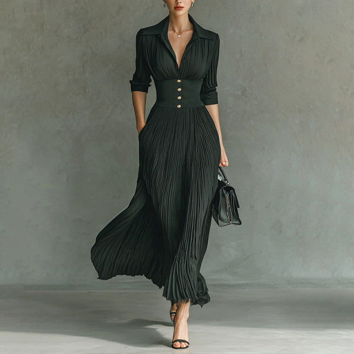 A-line pleated long-sleeve dress